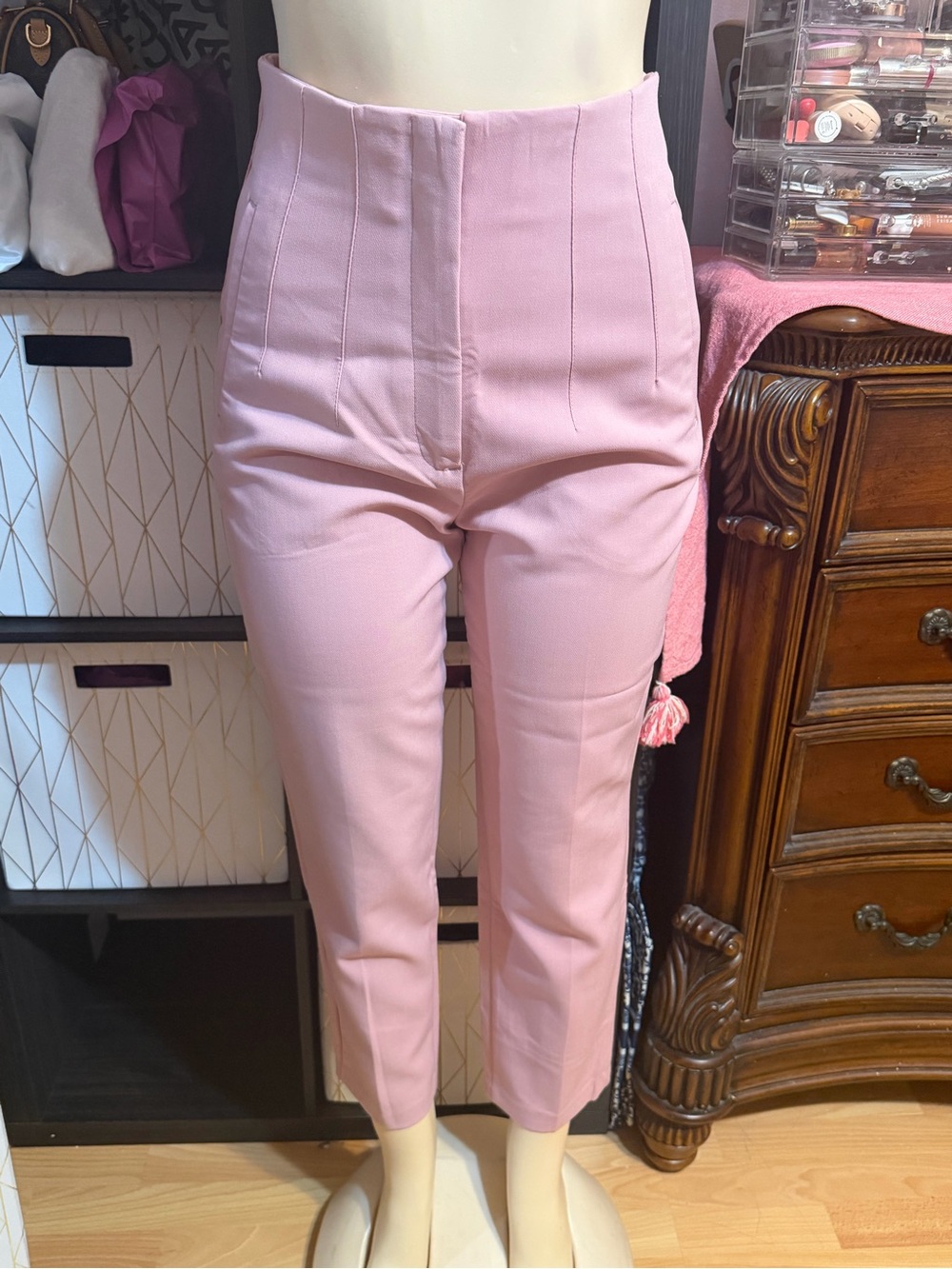 Zara Light Pink High-Waist Cropped Tailored Pants